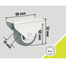 Svängbart hjul med måtten 68 mm x 52 mm och en lastkapacitet på 55 kg