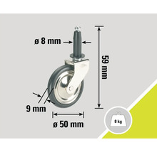 Möbelhjul med stift, diameter 50 millimeter och lastkapacitet 8 kilogram