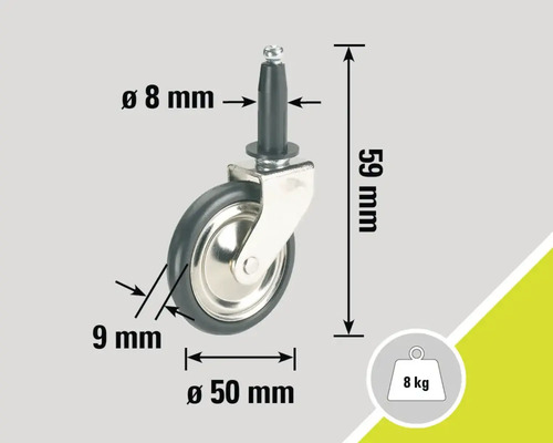 Möbelhjul med stift, diameter 50 millimeter och lastkapacitet 8 kilogram