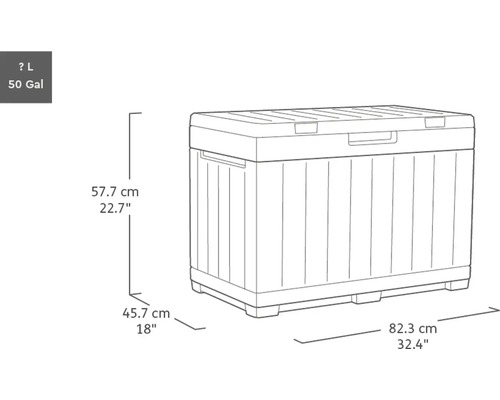 Bild på en förvaringslåda med måtten 57,7 cm hög, 82,3 cm bred och 45,7 cm djup.