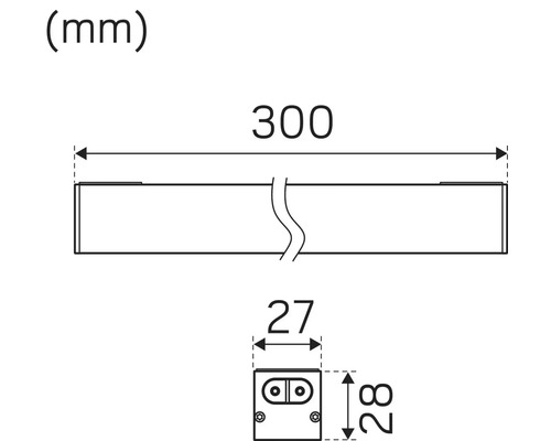 Måttritning av en belysningsprodukt med måtten 300 mm längd, 27 mm bredd och 28 mm höjd.