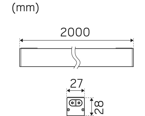 Teknisk ritning med mått: längd 2000 millimeter, bredd 27 millimeter, höjd 28 millimeter