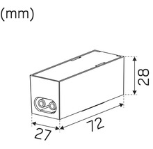 Teknisk ritning av ett rektangulärt föremål med måtten 72 x 27 x 28 millimeter.