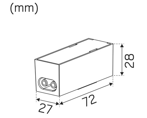 Teknisk ritning av ett rektangulärt föremål med måtten 72 x 27 x 28 millimeter.