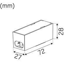 Teknisk ritning av ett rektangulärt hölje med måtten 27 x 72 x 28 millimeter