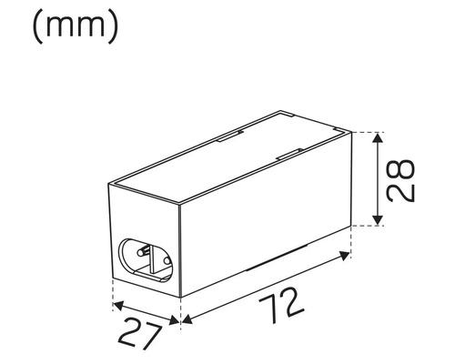 Teknisk ritning av ett rektangulärt hölje med måtten 27 x 72 x 28 millimeter
