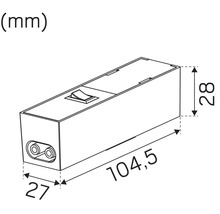 Teknisk ritning av en lampa med måtten 104,5 x 28 x 27 millimeter