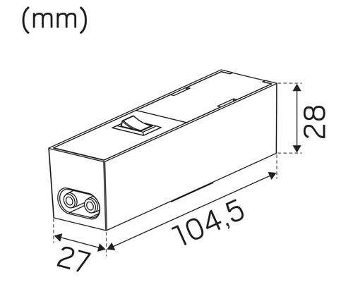 Teknisk ritning av en lampa med måtten 104,5 mm längd, 28 mm bredd och 27 mm höjd.