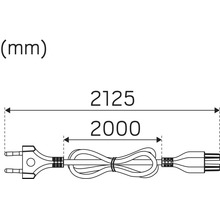 Skiss av en kabel med en längd på 2125 millimeter och 2000 millimeter