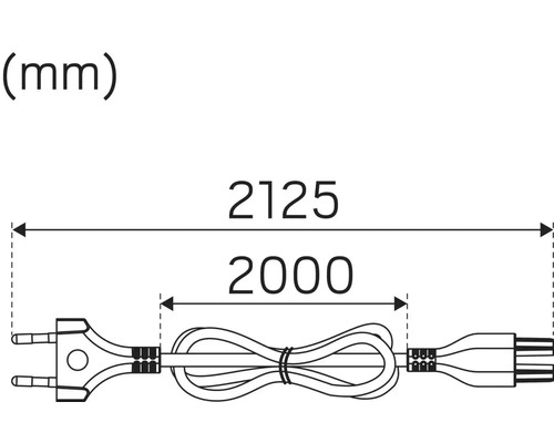 Skiss av en kabel med en längd på 2125 millimeter och 2000 millimeter