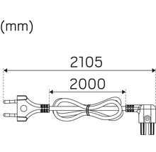 Ritning av en kabel med kontakt och vinkelkontakt, mått 2105 mm och 2000 mm