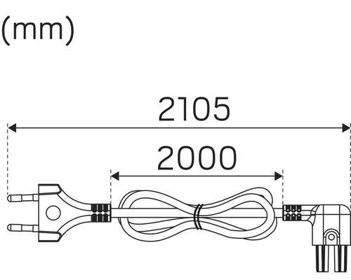 Ritning av en kabel med kontakt och vinkelkontakt med längdindikationer i millimeter