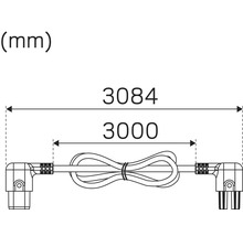 Mått på kabel med vinkelkontakt: 3084 millimeter total längd, 3000 millimeter kabellängd