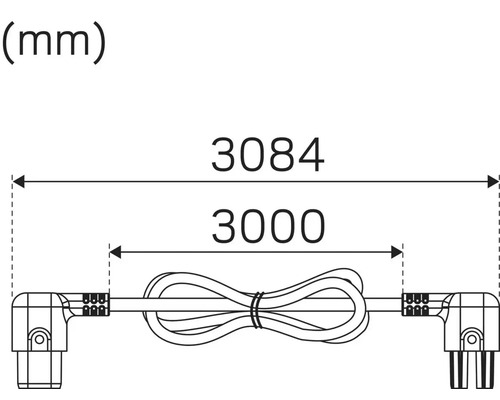 Mått på kabel med vinkelkontakt: 3084 millimeter total längd, 3000 millimeter kabellängd
