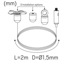 Ritning av tre installationsalternativ med en kabellängd på 2 meter och en diameter på 1,5 millimeter.