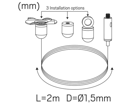 Ritning av tre installationsalternativ med en kabellängd på 2 meter och en diameter på 1,5 millimeter.