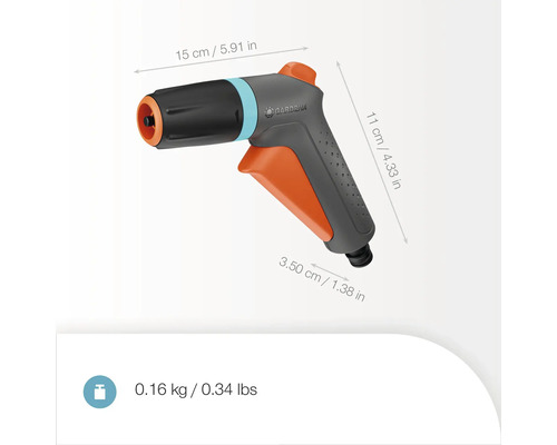 Trädgårdssprutpistol med mått och vikt