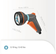 Trädgårdsdusch med måtten 15 x 7 x 12 cm och en vikt på 0,19 kg