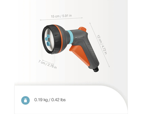 Trädgårdsdusch med måtten 15 x 7 x 12 cm och en vikt på 0,19 kg