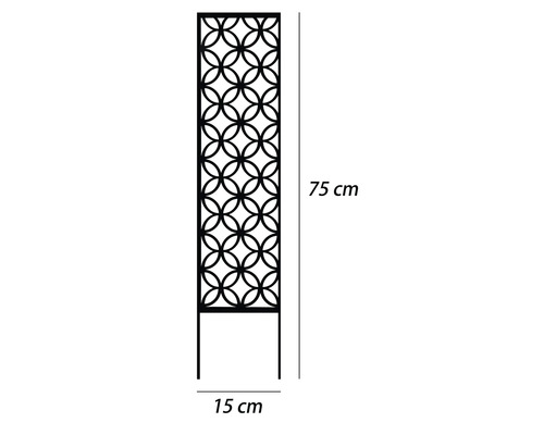 Dekorativt trädgårdselement med cirkelmönster och måtten 75 cm högt och 15 cm brett.