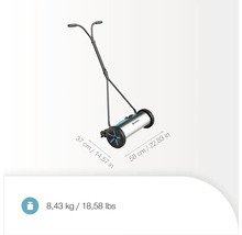 Gardena handgräsklippare med måtten 37 x 58 cm och en vikt på 8,43 kg