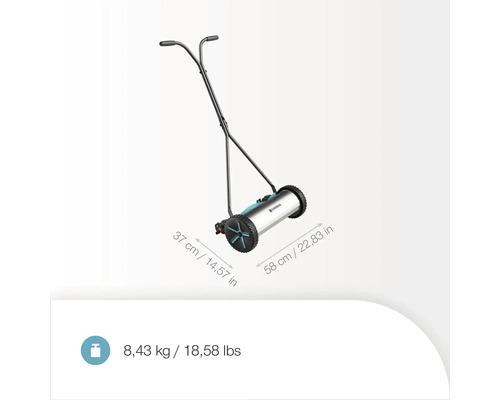 Gardena handgräsklippare med måtten 37 x 58 cm och en vikt på 8,43 kg