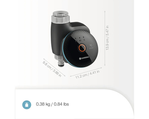 Gardena Smart bevattningskontroll med mått och vikt.