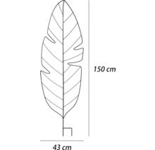Mått på ett metallväxtstöd i form av ett blad: 150 cm högt och 43 cm brett