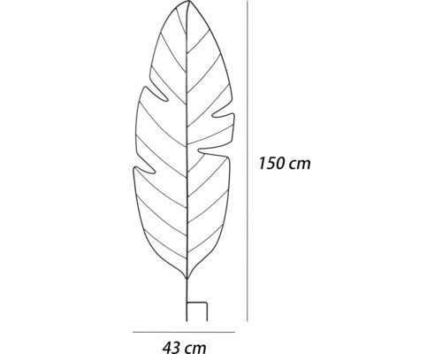 Mått på ett metallväxtstöd i form av ett blad: 150 cm högt och 43 cm brett