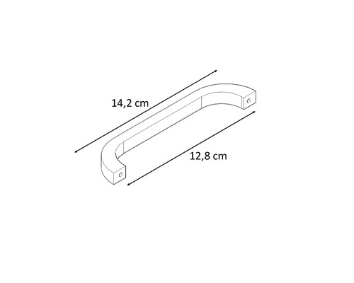 Ritning av ett möbelhandtag med måtten 14,2 cm och 12,8 cm