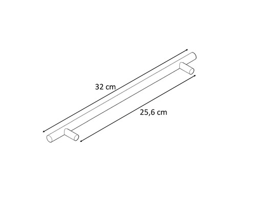Teknisk ritning av ett möbelhandtag med måtten 32 cm och 25,6 cm