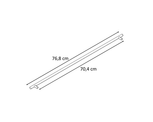 Schematisk representation av en duschstång med måtten 76,8 cm och 70,4 cm.