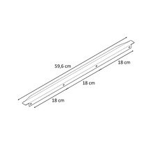 Ritning av en 59,6 cm lång profil med hål och en längd på 18 cm i båda ändar.