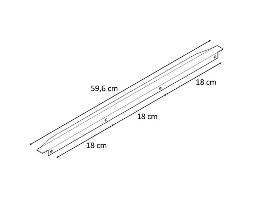 Ritning av en 59,6 cm lång profil med hål och en längd på 18 cm i båda ändar.