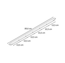 Monteringsskena med borrhål och mått 89,6 centimeter och 13,5 centimeter