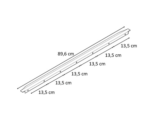 Monteringsskena med borrhål och mått 89,6 centimeter och 13,5 centimeter