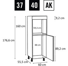 Teknisk ritning av ett högskåp med dimensioner