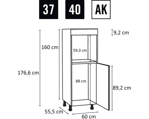 Teknisk ritning av ett högskåp med dimensioner