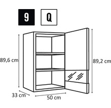 Skiss av ett väggskåp med måtten 89,6 cm höjd, 33 cm djup och 50 cm bredd.