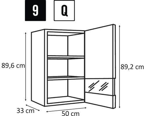 Skiss av ett väggskåp med måtten 89,6 cm höjd, 33 cm djup och 50 cm bredd.