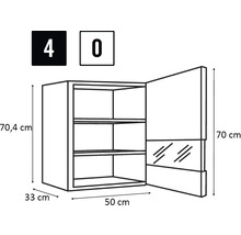 Teknisk ritning av ett väggskåp med måtten 70,4 cm högt, 33 cm djupt och 50 cm brett