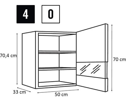 Teknisk ritning av ett väggskåp med måtten 70,4 cm högt, 33 cm djupt och 50 cm brett