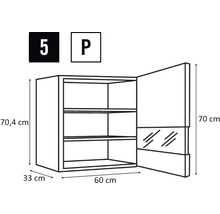Teknisk ritning av väggskåpet med måtten 70,4 cm högt, 60 cm brett och 33 cm djupt