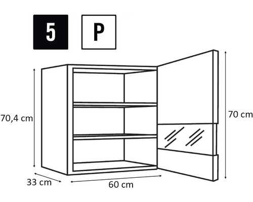 Teknisk ritning av väggskåpet med måtten 70,4 cm högt, 60 cm brett och 33 cm djupt