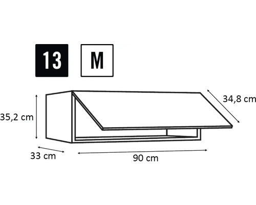 Illustration av ett köksskåp med måtten 90 x 35,2 x 33 centimeter