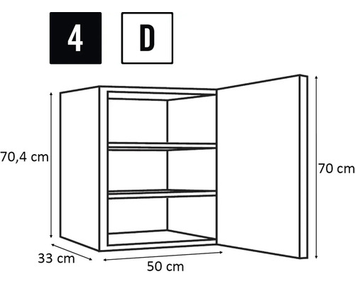 Skiss av ett hängskåp med måtten 70,4 cm höjd, 33 cm djup och 50 cm bredd.