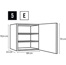 Teknisk ritning av ett hängande köksskåp med tre hyllor och måtten 70,4 cm höjd, 33 cm djup och 60 cm bredd.
