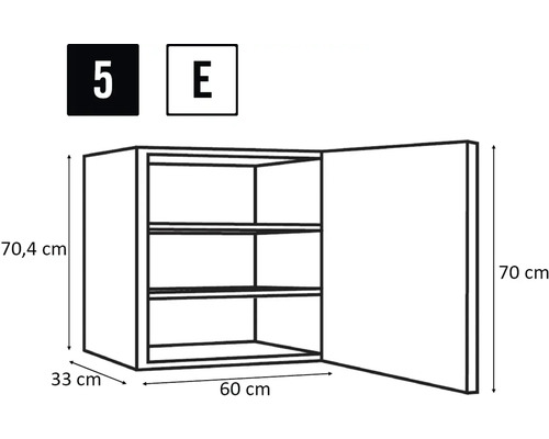 Teknisk ritning av ett hängande köksskåp med tre hyllor och måtten 70,4 cm höjd, 33 cm djup och 60 cm bredd.