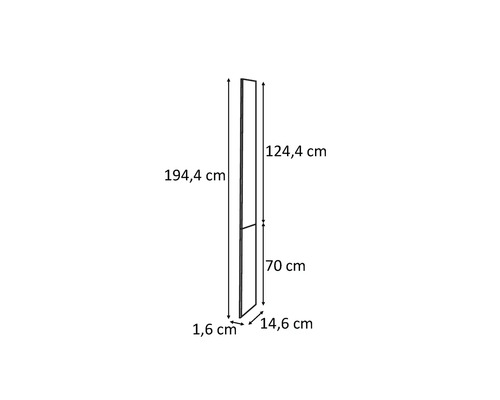 Teknisk ritning av en panel med måtten 194,4 cm hög, 14,6 cm bred och 1,6 cm djup
