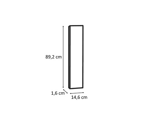 Mått på en rektangulär väggspegel med en höjd på 89,2 cm, en bredd på 14,6 cm och ett djup på 1,6 cm